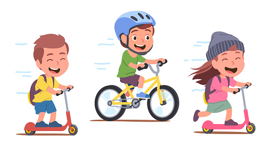 Girl, boys kids cyclists enjoying riding bicycle and kick scooters. Happy children riders cartoon characters having fun. Sports, transportation entertainment. Flat style vector isolated illustration
