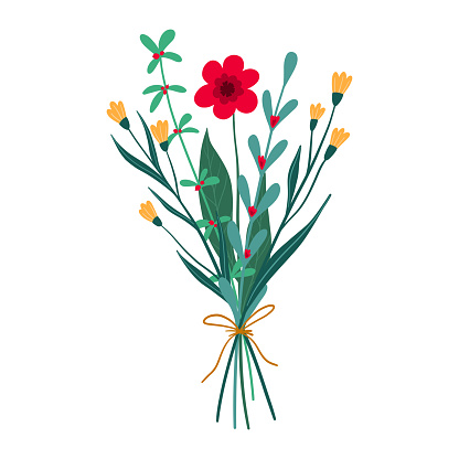 Beautiful bouquet with garden and wild flowers vector hand drawn illustration. Bunch of plants in doodle style isolated on white
